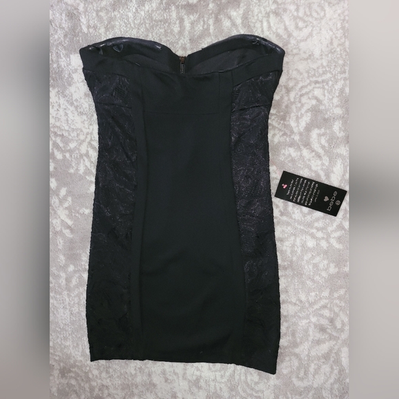 New Bebe Black Mini Dress, Zip Front, Lace Side Panel, Bustier, Size S. - Picture 7 of 11